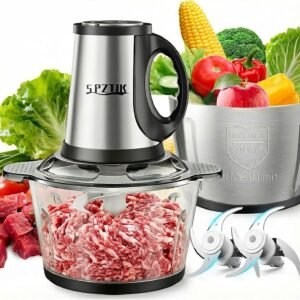 SPZTJK Multifunktionaler Elektrischer Schneidroboter aus， Fleischhacker für den Hausgebrauch, Zerkleinerer Elektrisch，zwei Schüsseln（Edelstahls & Glass）und klingen，zum Zerkleinern und Hacken geeignet, Ideal für Gemüse, Knoblauch, Salat, Babynahrung